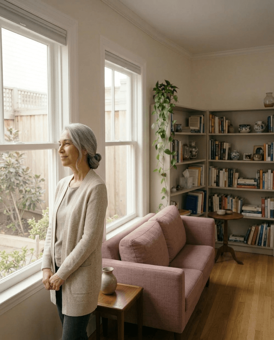 Claire Whitfield near the office window